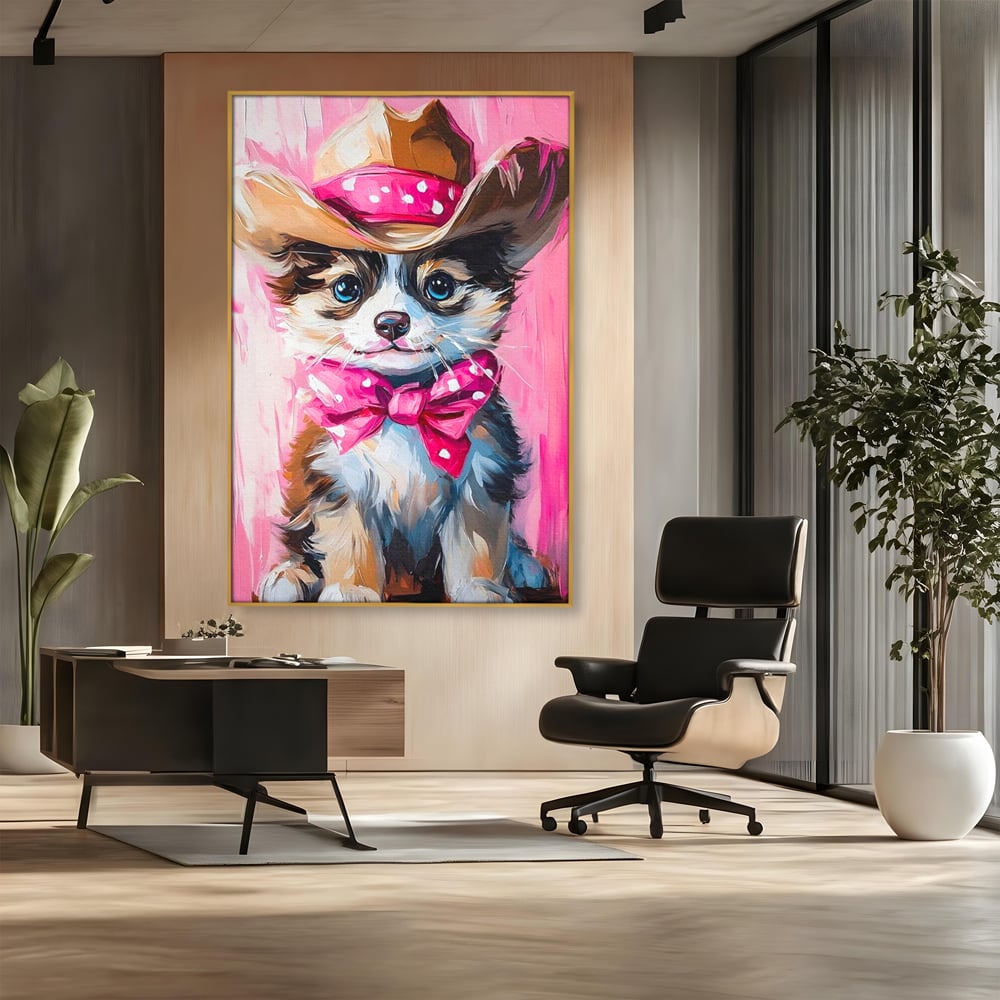Tablou canvas cu tablou canvas cu catelus cowboy, in rama de aluminiu auriu, pe perete intr-un birou